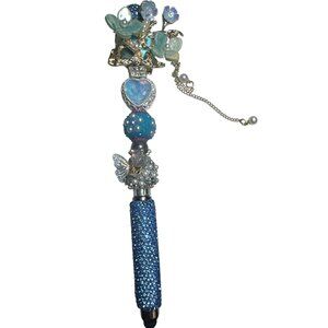 Handcrafted Blue Beaded Butterfly Stylus Pen With Heart & Pearl Decorative Charm
